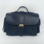 Small Leather Crossbody Satchel Handheld Handbag Dark Navy Blue With Side Pockets, thumbnail 1 of 8