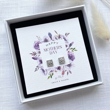 Square Flower Sterling Silver Stud Earrings On Mother's Day Gift Card Flower Jewellery Gift For Mum, 5 of 10