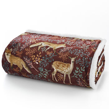Fox And Deer Throw With Sherpa Backing Mulberry, 2 of 4