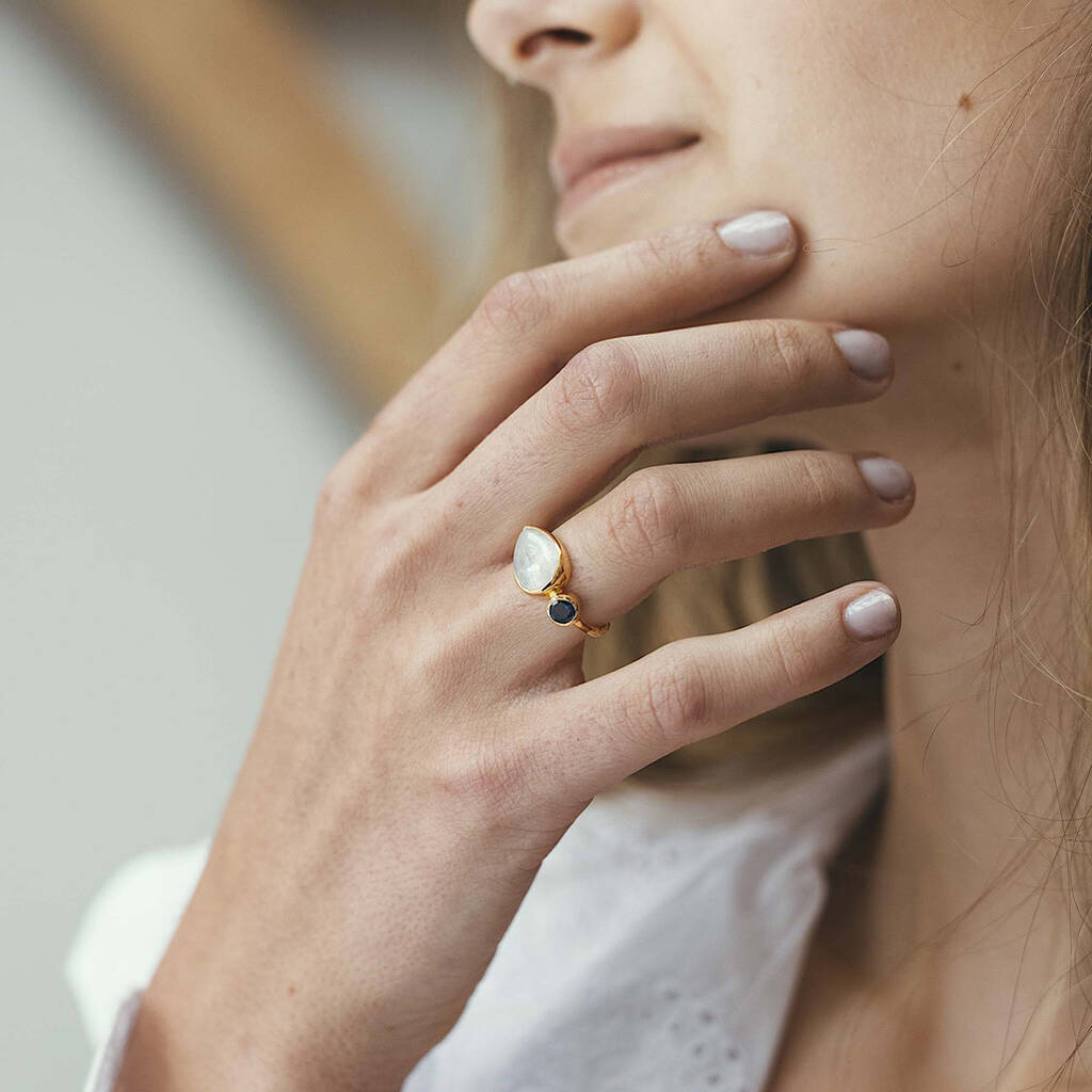 Aurora Rainbow Moonstone And Iolite Ring, 1 of 7