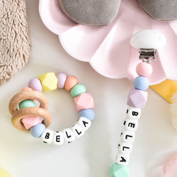 Personalised Pastel Dummy Clip And Teething Rattle, 2 of 3