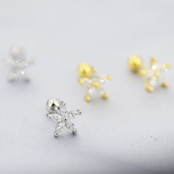 Sterling Silver Cz Flower Barbell Earrings, 5 of 12