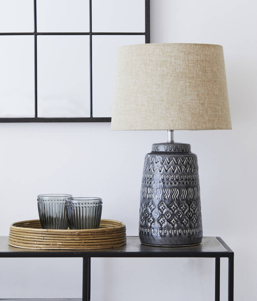 Dark Grey Table Lamp With Natural Linen Shade By Primrose & Plum