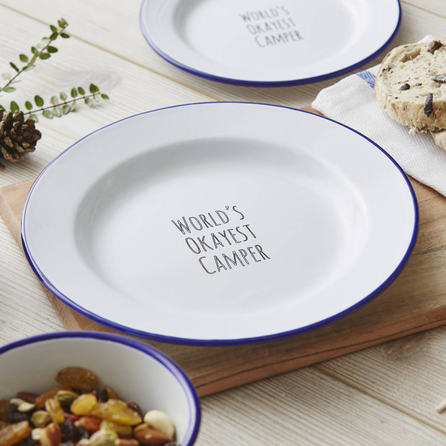 Personalised 'World's Okayest Camper' Enamel Plate By Sophia Victoria Joy