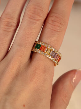 Thick Stacked Rainbow Ring, Colourful Baguette Stones, 3 of 4