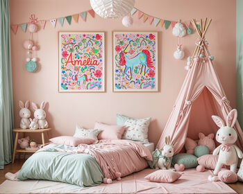 Personalised Pink Unicorn Nursery Print Set | Set Of Three Wall Art, 3 of 12