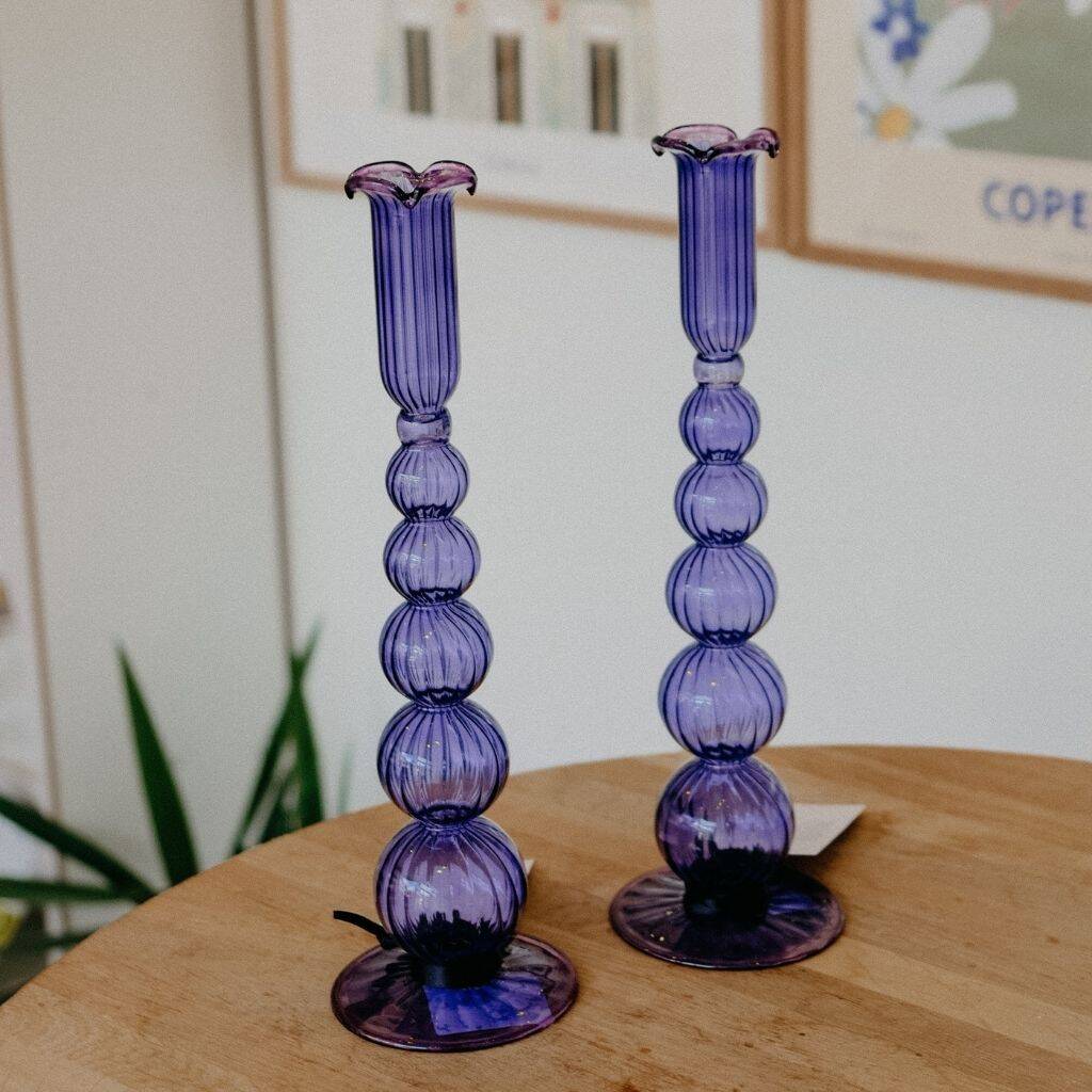Ashley Blue And Lilac Piped Glass Candle Holder, 1 of 4