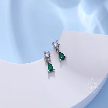 Emerald Green Cz Dangle Round Droplet Stud Earrings, 2 of 11