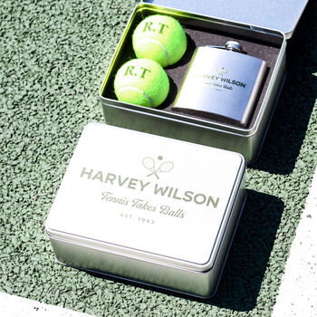 Personalised Tennis Tin With Hip Flask Gift For Him, 3 of 8