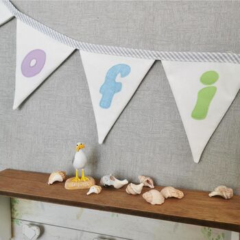 Summer House Bunting Flags, Pastel Rainbow Fabric Bunting, Personalised Name Banner For Child's Bedroom, Decorative Garland, 7 of 9
