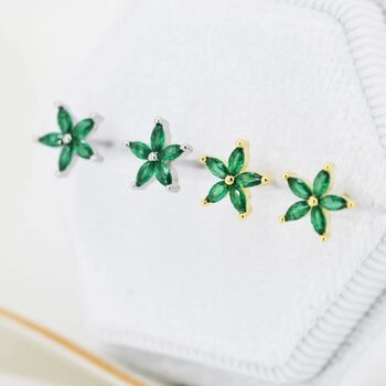 Sterling Silver Emerald Green Cz Flower Stud Earrings, 3 of 12