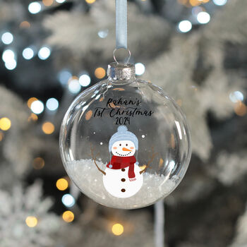 Personalised Snowman Baby's 1st Christmas Snow Filled Glass Bauble, 3 of 6