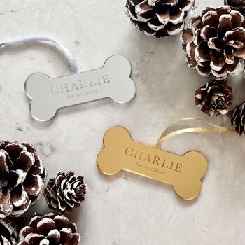 Gold Pet Dog Bone Personalised Christmas Decoration, 2 of 6