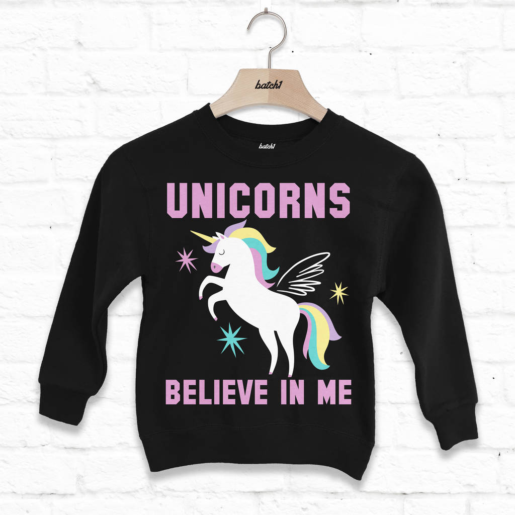 Unicorns Believe In Me Children's Slogan Sweatshirt, 1 of 2