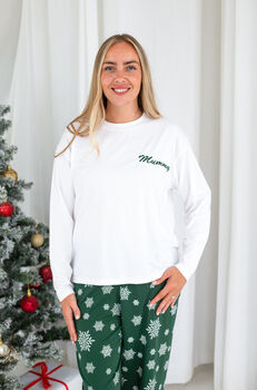 Family Christmas Personalised Snowflake Pyjamas In Red And Green, 7 of 10