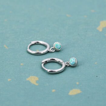 Sterling Silver Hoops With Tiny Dangling 3mm Green Opal, 3 of 12