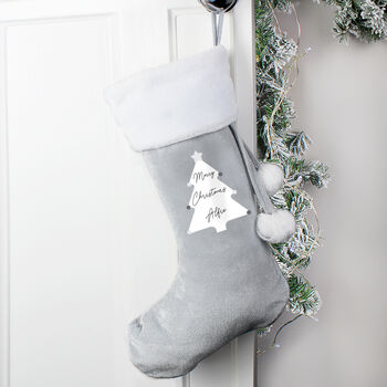 Personalised Christmas Tree Luxury Silver Grey Stocking, 2 of 4