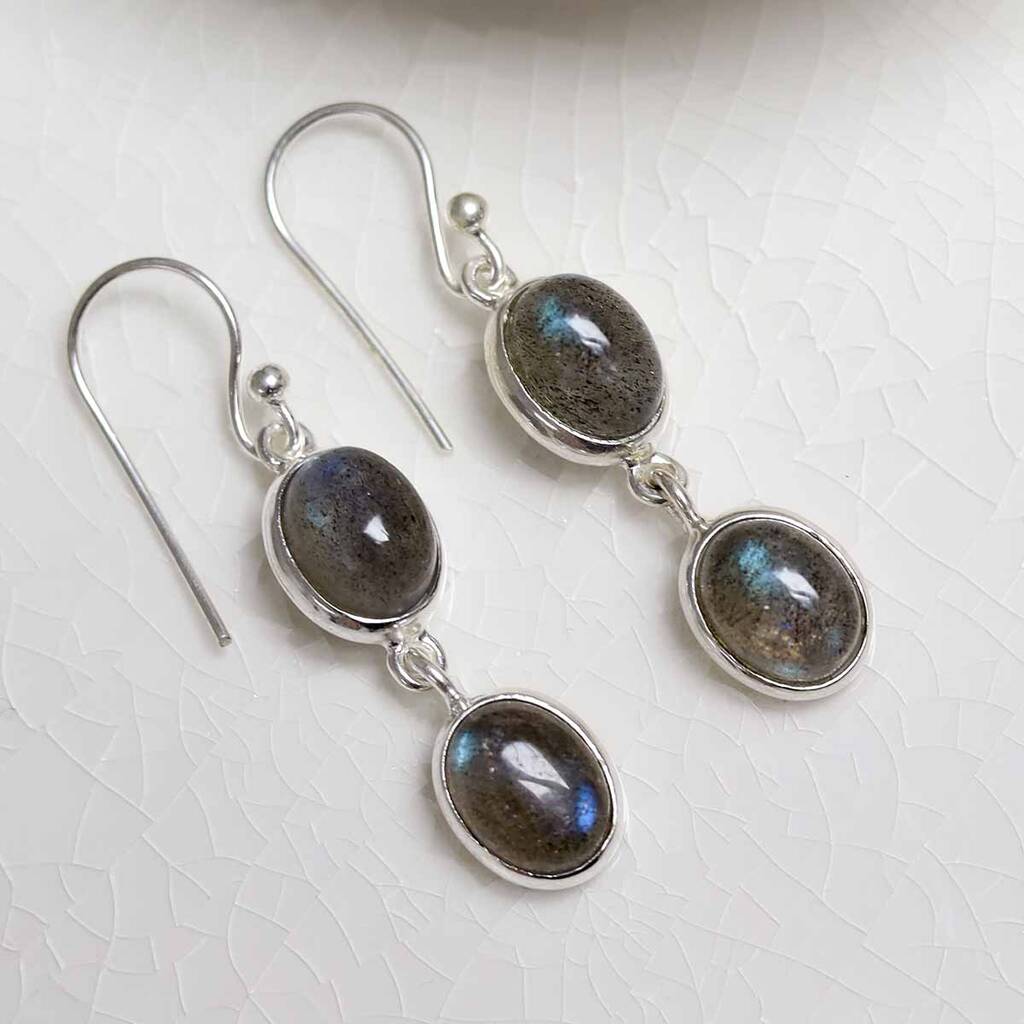 Silver Silver Double Labradorite Dangly Oval Earrings, 1 of 3