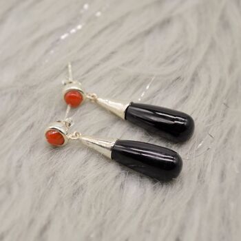 Red Coral, Black Onyx Sterling Silver Dangle Earrings, 2 of 8