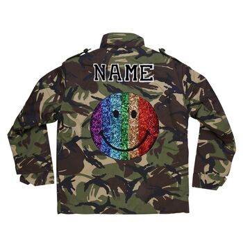Sequin Smiley Face Personalised Kids Camo Jacket, 5 of 7