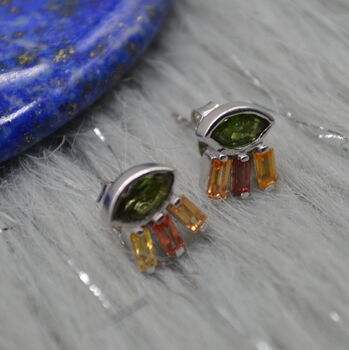 Green Tourmaline Stud Earrings: Silver, Red,Orange Drop, 2 of 6