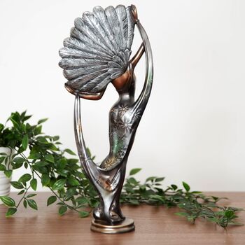 Art Deco Bronze Lady Figurine Silver Dress And Fan 38cm, 2 of 12