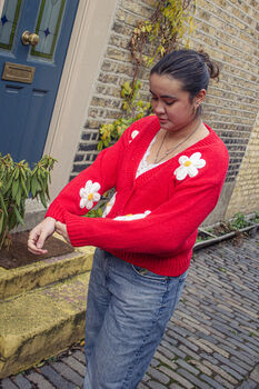 Red Crochet Bobble Applique Relaxed Daisy Cardigan, 5 of 7