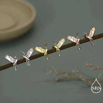Sterling Silver Flying Heron / Crane Bird Stud Earrings, 6 of 12
