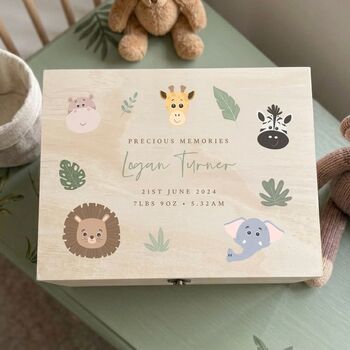 Personalised Jungle Animals New Baby Keepsake Box, 2 of 11