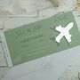 Sage Green Wedding Boarding Pass Save The Date With Silver Magnetic Plane, thumbnail 1 of 6