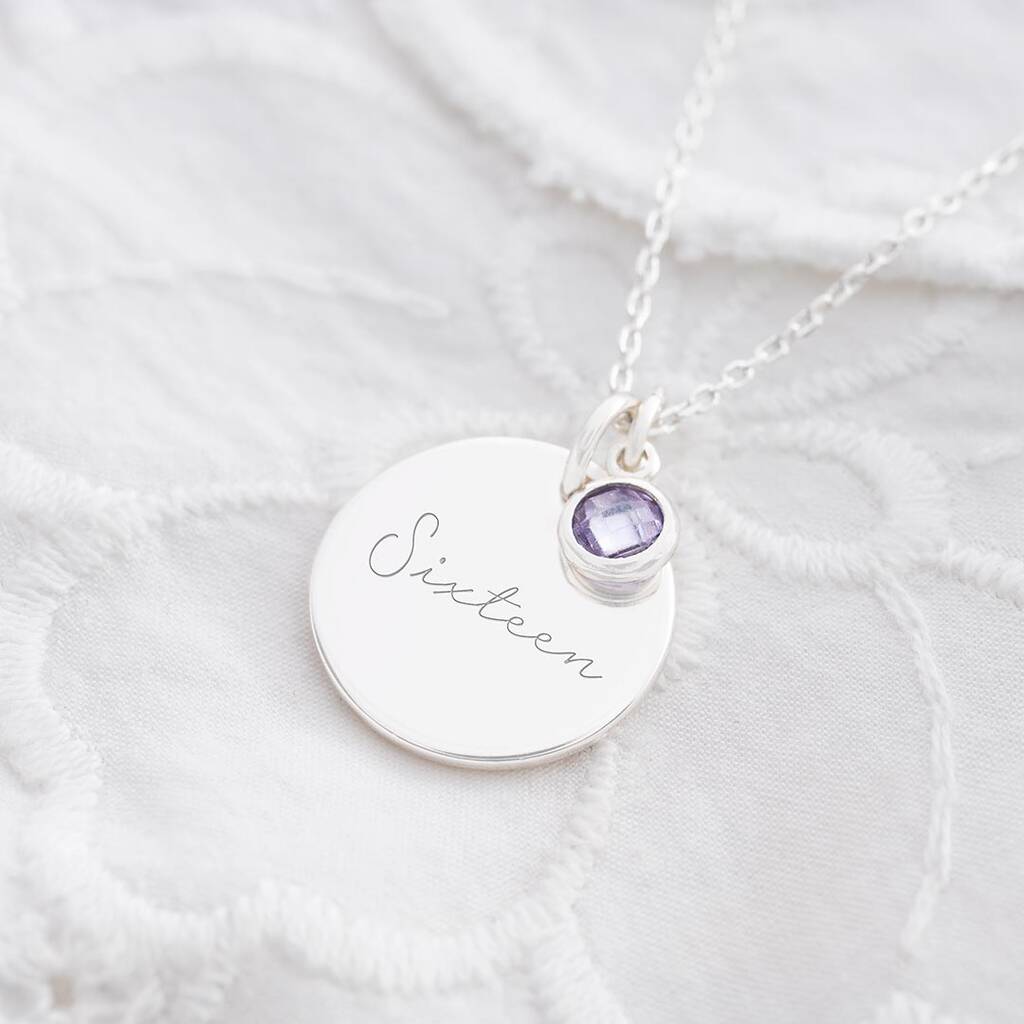 16th Birthday Disc And Birthstone Name Necklace By Bloom Boutique