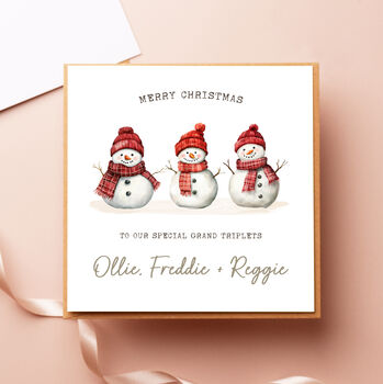 Personalised Snowman Triplets Girls And Boy Christmas Card, 2 of 5