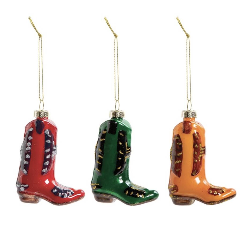 Set Of Three Cowboy Boots Christmas Baubles By HELLO LOVELY