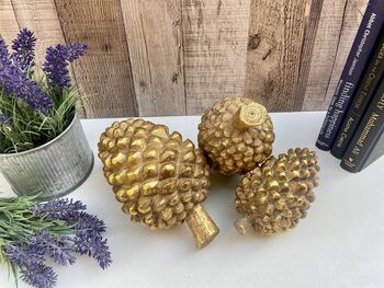 Set Of Three Champagne Gold Pinecone Decorations Ornaments, 8 of 9