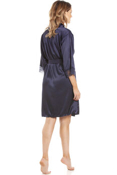 British Made Navy Short Satin Dressing Gown With Lace Detail, 2 of 5