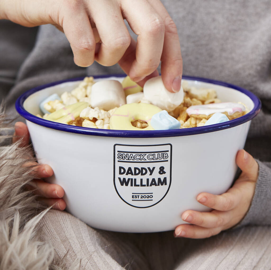 personalised snack club enamel bowl by sophia victoria joy