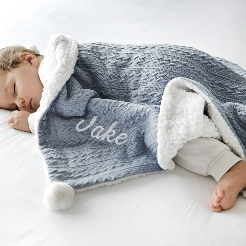 Personalised Dusty Blue Cable Knit Pom Pom Blanket, 1 of 9