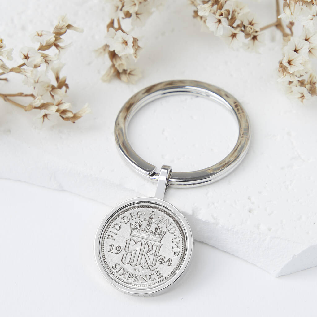 Sixpence 1944 80th Birthday Coin Keyring, 1 of 9