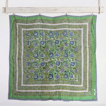 Green And Blue Floral Indian Block Printed Cotton Bed Quilt, 4 of 9