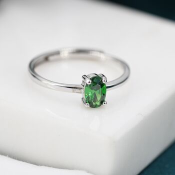 Sterling Silver Created Green Emerald Oval Ring, 5 of 12