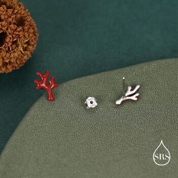 Sterling Silver Asymmetric Red Coral Branch Stud Earrings, 4 of 12