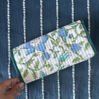 Quilted Block Print Toiletry Roll Up Pouch: Travel Kit, 9 of 11