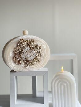 Islamabad Resin Off White Oval Embellished Stone Clutch Bag, 5 of 6