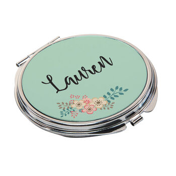 Personalised Name Green Floral Round Compact Mirror, 6 of 6