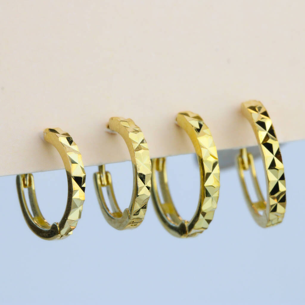 14k Gold Colour Sterling Silver Faceted Hoop Earrings, 1 of 5