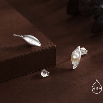 Sterling Silver Calla Lily Flower Blossom Stud Earrings With Fresh Water Pearls, 2 of 9