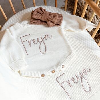 White Personalised Baby Knit Romper And Blanket Bundle, 4 of 4
