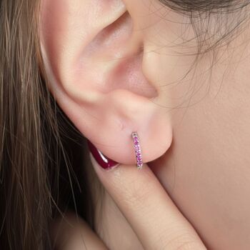 Ruby July Birthstone Small Huggie Hoop Silver Earrings, 2 of 5