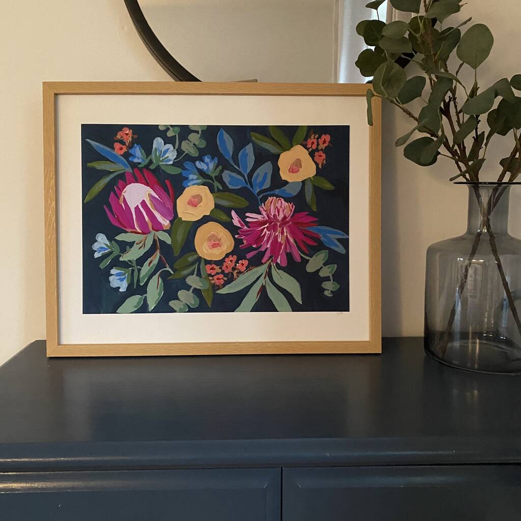 Navy Colourful Floral Illustration Print, 1 of 5