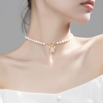 Sterling Silver Butterfly Pendant Pearl Choker Necklace, 2 of 5